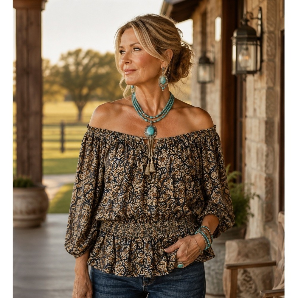 Ralph Lauren Denim & Supply Size XL Peasant Top Paisley Smocked Boho Blouse 1453